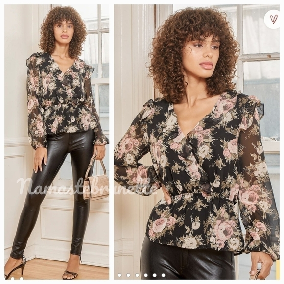 Lulu's Black Floral Ruffled Long Sleeve Top - Picture 1 of 16